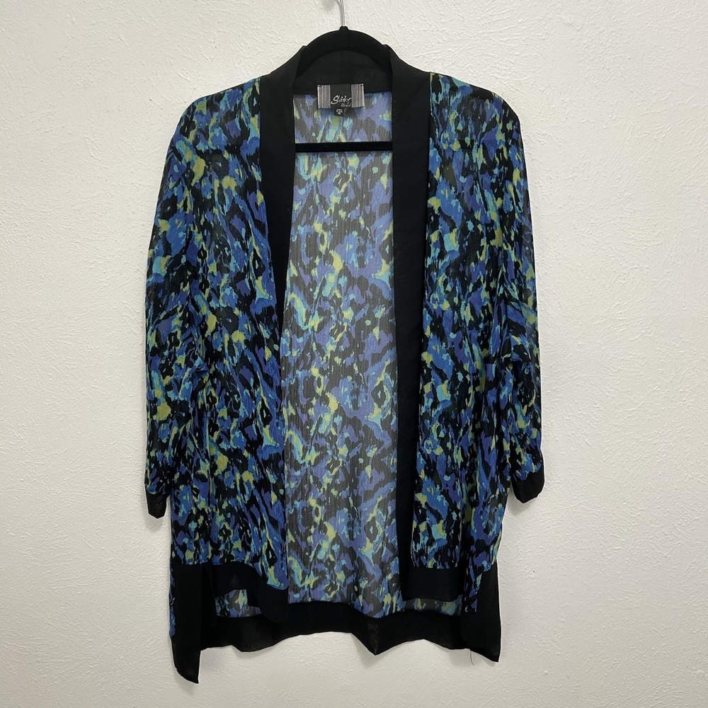 Slinky Brand Blue Multicolor Abstract Semi Sheer Open Kimono Drape Cover Up 1X